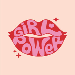 Girl power groovy lettering in red lips shape. Retro 1970s feminist slogan for t-shirts, posters or cards.