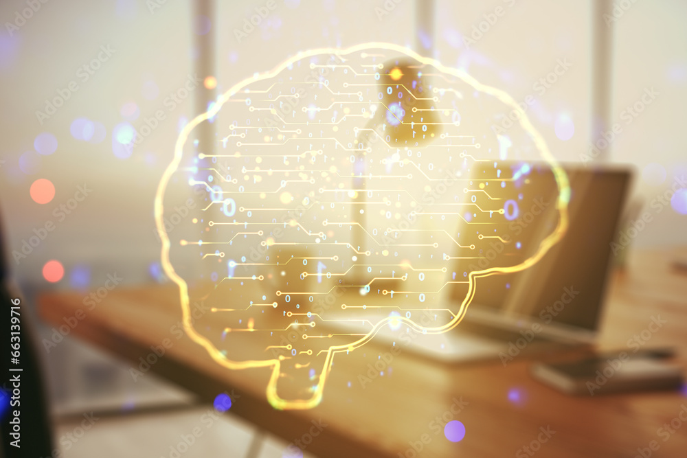 Aufkleber double exposure of creative artificial intelligence symbol with modern laptop on background. neural 