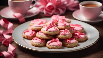 Pink ribbon-shaped cookies arranged on a plate with a cup of tea or coffee in the background.