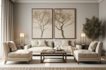 Beige symmetrical living room with two canvases. Seating idea. Generative AI