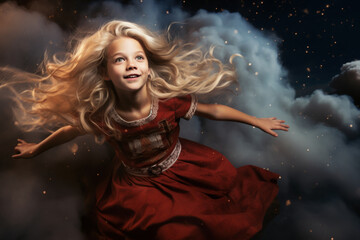 little girl flying in clouds in red dress in dreams. Christmas fairytale. Christmas time