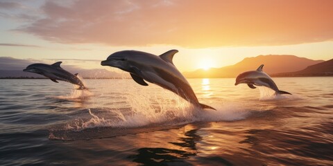 a image beautiful dolphin leaping jumping from shining sunset sea, AI Generative