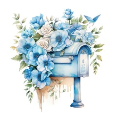 Watercolor light blue floral mailbox on a white background.