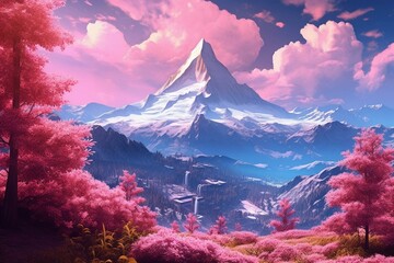 Mountain landscape with snowy peaks and trees in vibrant pink flowers. Generative AI