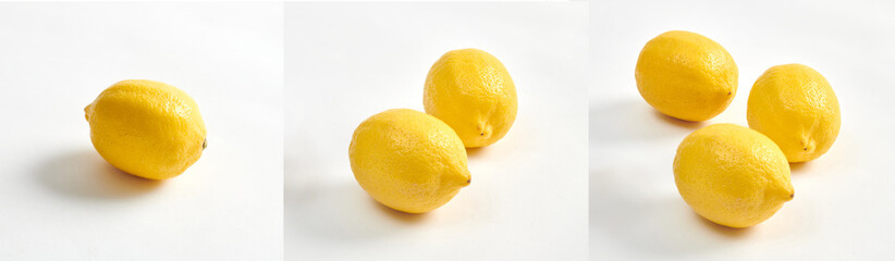 Lemon sets isolated on white: one piece, two pieces, and three pieces of lemons on a white background. Full depth of field.