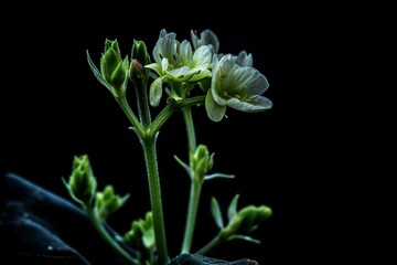 close-up of flower with black background, green stem foreground with dark background. Generative AI