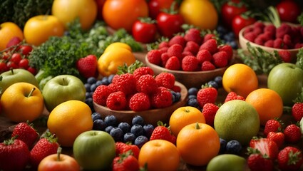 Naklejka na ściany i meble A variety of colorful fruits and vegetables, highlighting the role of nutrition in supporting natural immunity.