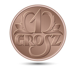Reverse Polish money one grosz coin. Vector illustration. - obrazy, fototapety, plakaty