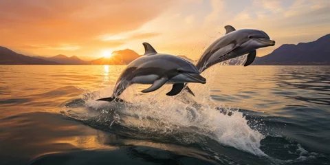 Poster a image beautiful dolphin leaping jumping from shining sunset sea, AI Generative © Horsi