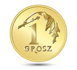Reverse Polish money, one grosz copper coin. Vector illustration. - obrazy, fototapety, plakaty