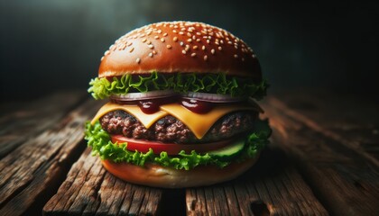 Juicy Cheeseburger with Lettuce, Tomatoes, Onions, and Dripping Cheese - obrazy, fototapety, plakaty