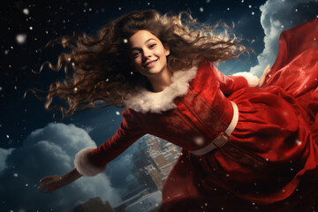 little girl falling in clouds in Santa red dress in dreams. Christmas fairytale. Christmas time