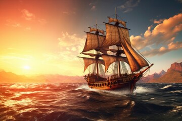 Fototapeta premium Pirate ship sailing on the ocean at sunset. Vintage cruise.