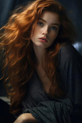 Fototapeta premium Young woman with healthy long red wavy natural hair