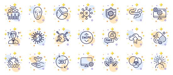 Outline set of Euler diagram, Yoga and Copper mineral line icons for web app. Include Support consultant, Settings, Pie chart pictogram icons. Employees group, Swipe up, Fake news signs. Vector