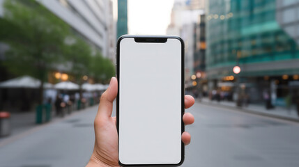 hand holding smartphone with blank screen on background of the city, street, buildings, travel, navigation, mockup, space for text, mobile phone, cell phone, advertising, white display, business