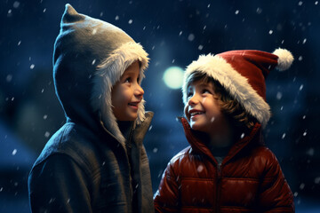 child boy and girl in Santa hats looking in winter sky on full moon, waiting Santa Claus.