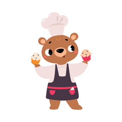 Cute Bear Chef Character in Toque Hold Cupcake Vector Illustration