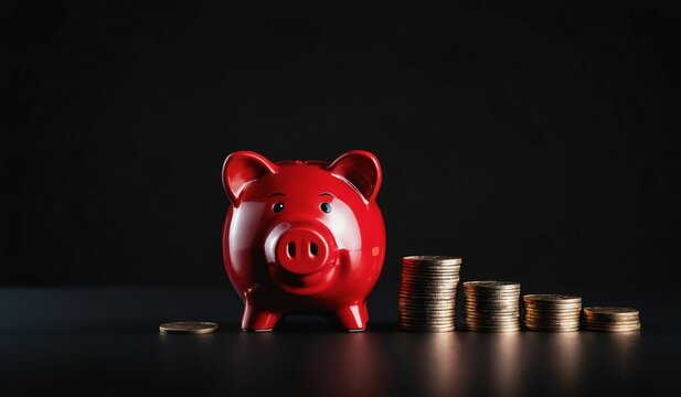 AI generated illustration of a red piggy bank with coins stacked neatly against a dark background