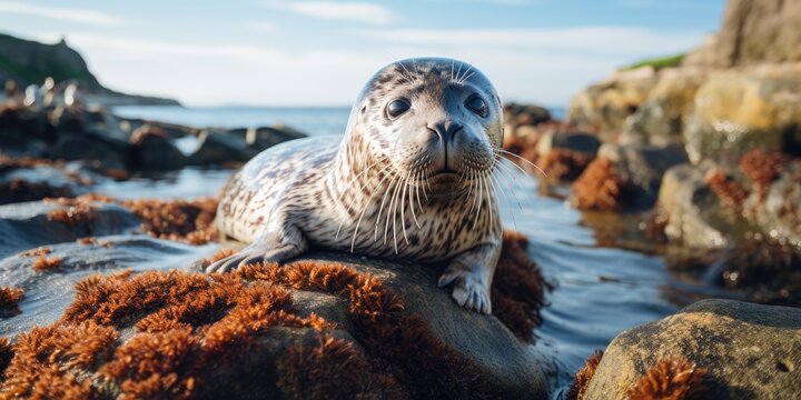 a image cute seal sitting on beautiful rock near ocean, AI Generative
