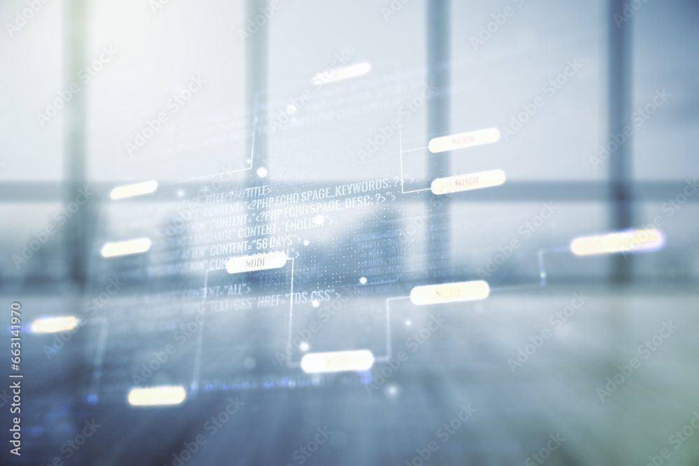 Aufkleber Double exposure of abstract creative programming illustration on empty room interior background, big data and blockchain concept