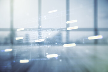 Double exposure of abstract creative programming illustration on empty room interior background,...