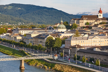 Nonnberg abbey and Salzach river in Salzburg. Travel destination. Austria