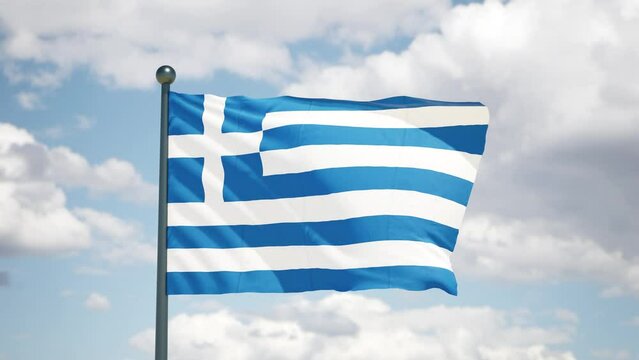 Greek flag flutters in the wind. Greece national flag of european country. Cloudy sky background.