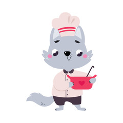 Cute Wolf Chef Character in Toque Hold Pot Cooking Vector Illustration