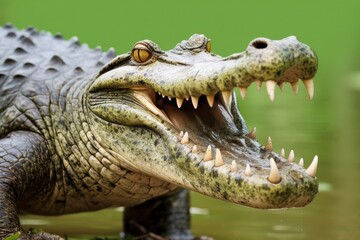 Obraz premium Crocodile with its mouth wide open with a green lake in the green background.