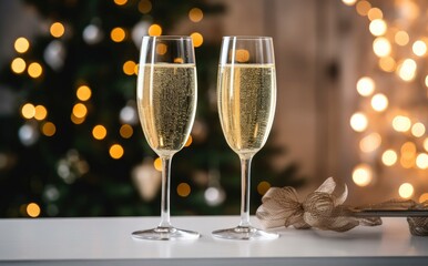 Glasses with champagne on the background of Christmas decorations.