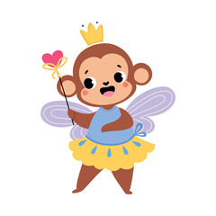 Monkey Animal Fairy in Pretty Dress with Magic Wand and Wings Vector Illustration