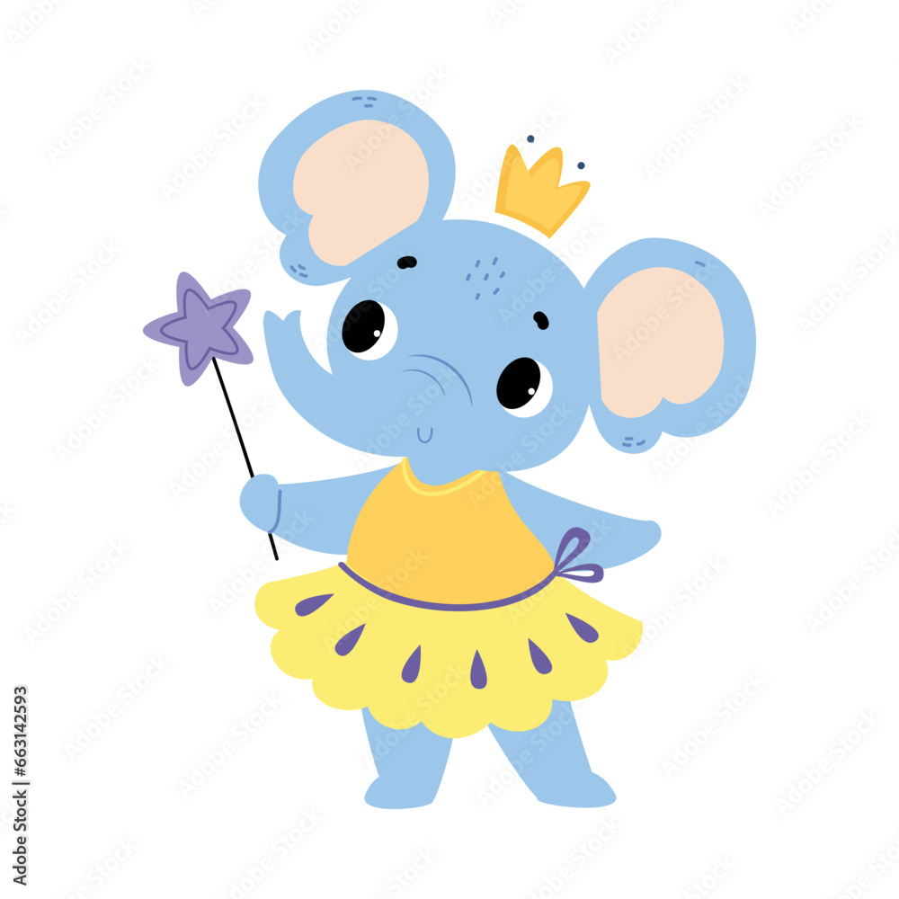 Sticker elephant animal fairy in pretty dress with magic wand vector illustration