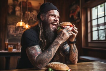 Bearded man eating burger in cafe. Fast food eat at fresh bar. Generate Ai