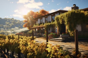 Immerse in vibrant autumn scenery of a vineyard tasting room through UNREAL Engine 5 with cinematic ultra-wide angle bokeh. Generative AI