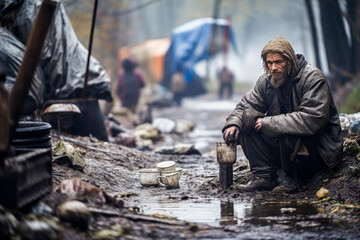 Sad dirty man in a destroyed area. Support human rights, refugees, war victims, poverty, homeless. - obrazy, fototapety, plakaty