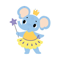 Elephant Animal Fairy in Pretty Dress with Magic Wand Vector Illustration