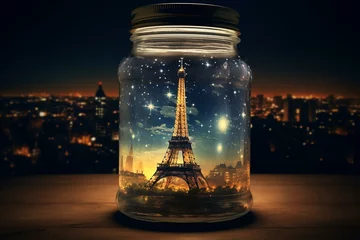 Foto op Canvas Illustration of Eiffel Tower in a jar at night. Generative AI © Aisha