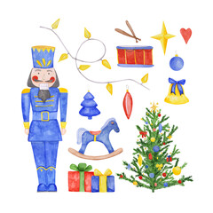A set of 12 Nutcracker clipart is isolated on a white background. Vector characters from the nutcracker ballet, a Christmas tree, gifts, drums, a rocking horse, a bell, a star, a garland, ornament.