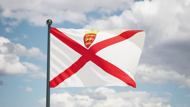 Jersey island flag flutters in the wind. Jersey national flag of european country. Cloudy sky background.