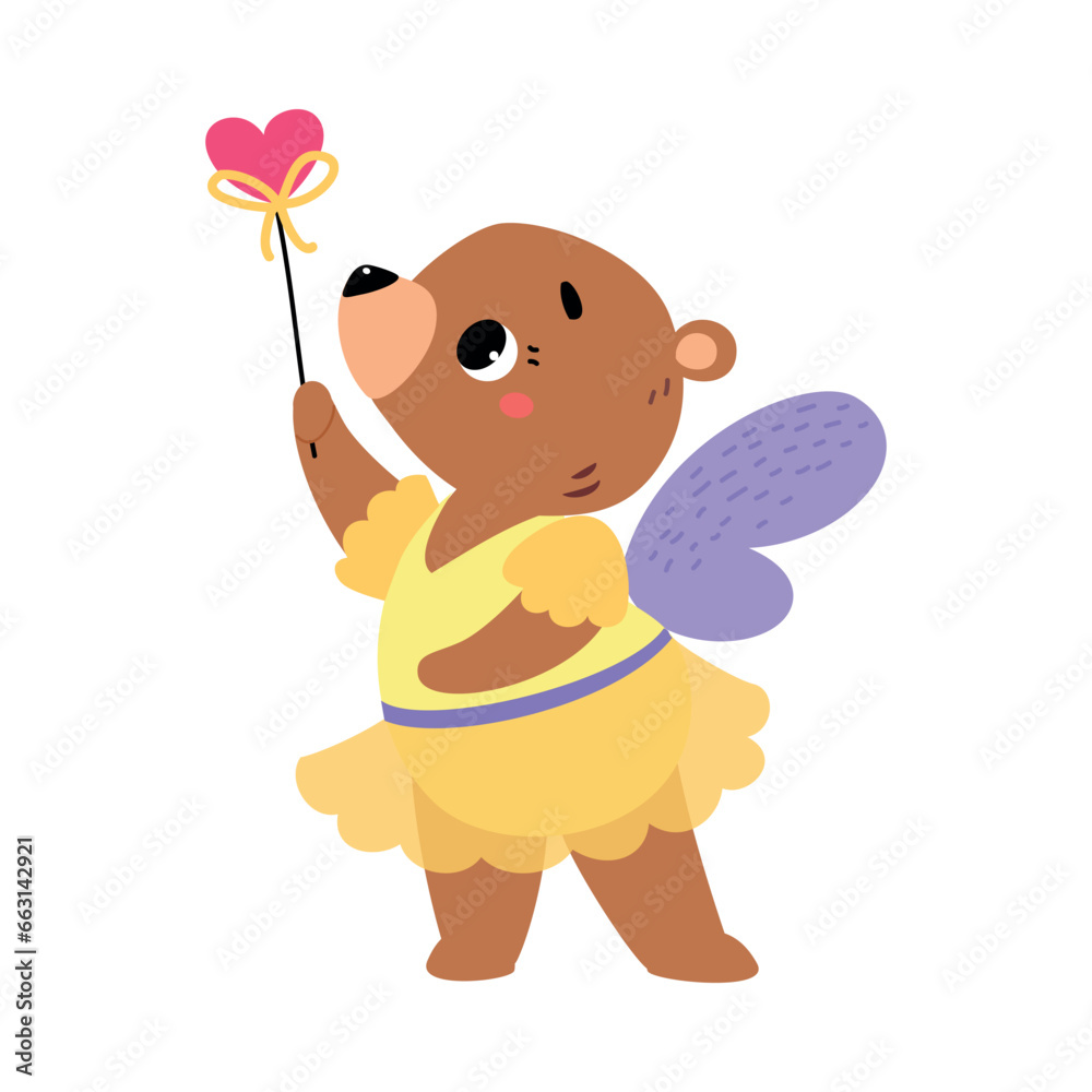 Sticker bear animal fairy in pretty dress with magic wand and wings vector illustration