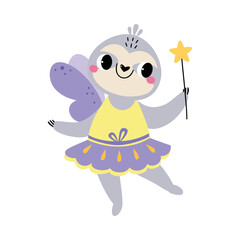 Sloth Animal Fairy in Pretty Dress with Magic Wand and Wings Vector Illustration