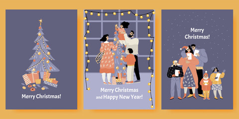 Set of vector cards for Christmas and New Year with cute families decorating the tree and singing hymns