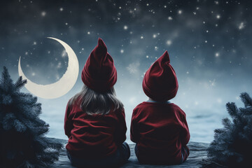 back view of two cute child in winter hats looking in winter sky on moon, waiting Santa Claus.