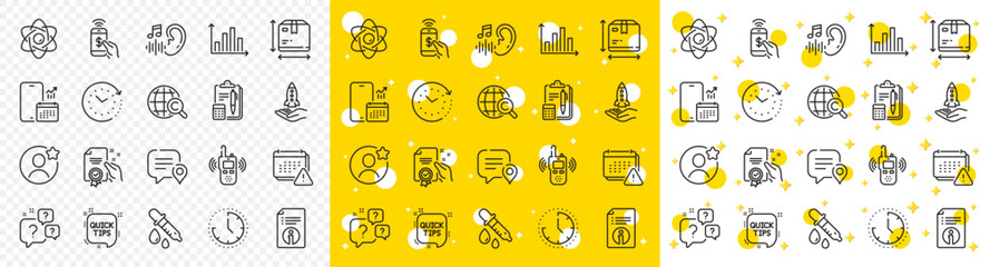 Outline Atom core, Time change and Phone payment line icons pack for web with Accounting, Chat bubble, Box size line icon. Certificate, Crowdfunding, International copyright pictogram icon. Vector