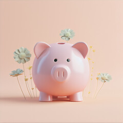 piggy bank with leaves pastel color background