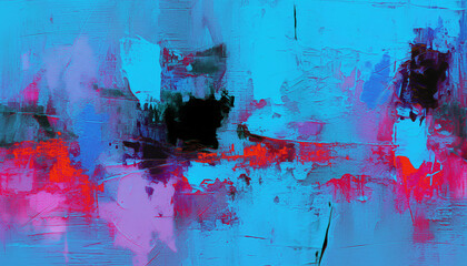 Fototapeta premium Abstract oil painting, neon red, pink, blue brush strokes background, wallpaper, paint texture, bold art, expressive artwork, fine realistic detail, modern style, evoking vibrant emotions, feelings