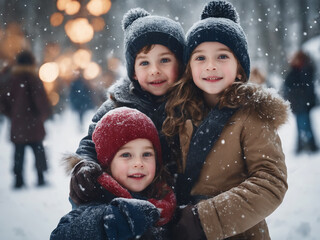 Children playing on snow in winter time. Generative Ai