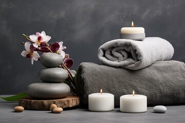 Composition of spa treatment on grey wall with burning candles. Healthy therapy space with hygiene care. Generate Ai