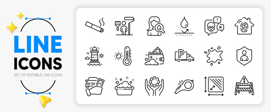 Truck parking, Launder money and Square area line icons set for app include Employee hand, Cyber attack, Security outline thin icon. Lighthouse, Dirty spot, Painter pictogram icon. Vector